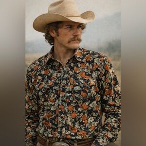 Vintage MWG Pearl snap printed Rayon shirt, size Medium